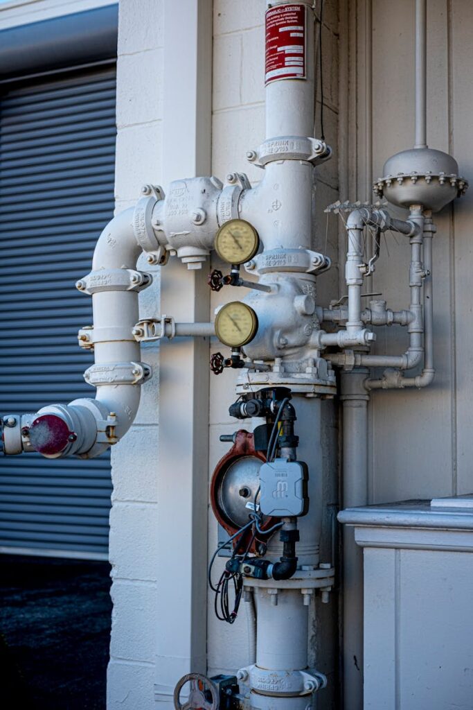 Close-up shot of an industrial pipe system featuring pressure gauges and valves outdoors.